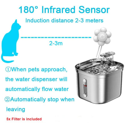 Quiet Stainless Steel Cat Fountain With Sensor